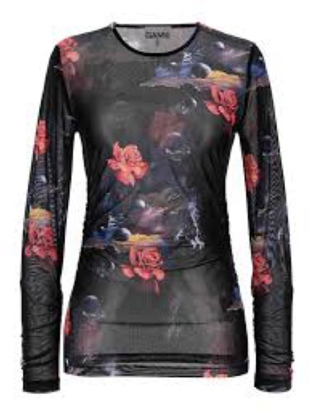 Women’s Black Floral Long-Sleeve Mesh Top - Pink Rose Print - Picture 2 of 2